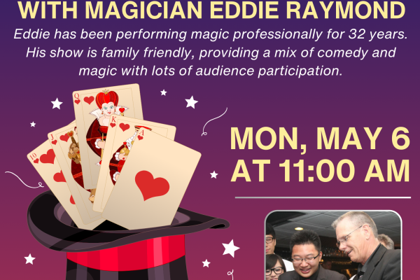 Monday, May 6 at 11 am. A top hat and cards; some people looking downward.