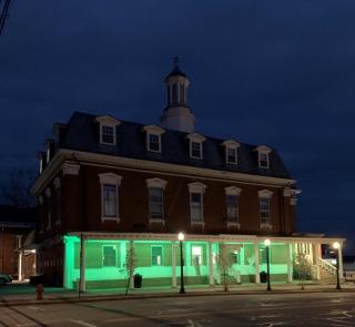 Town Hall with Green Lights under the Overhang