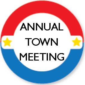 "Annual Town Meeting" in black text, circled in red and blue with stars next to the text on a white background