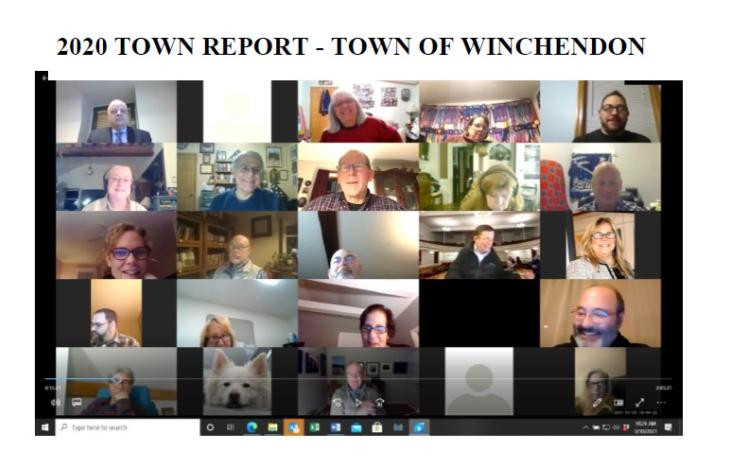 A picture of the 2020 Annual Town Report - a screengrab of a Zoom meeting with many smiling volunteers. 