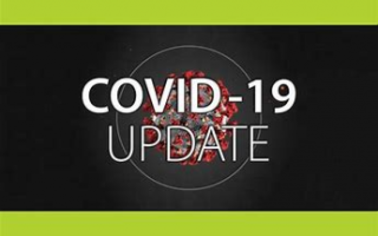 Black background lined with a lime green border, with white font that says "COVID-19 UPDATE" in front of an image of the virus