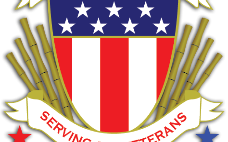 Image of the MVOC Logo - a red, white and blue flag crest saying "serving all veterans" in red text with stars around the seal.