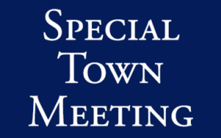 "Special Town Meeting" in white font over a navy blue background
